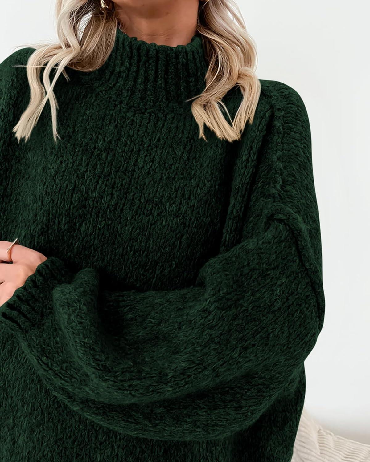 imageBTFBM Sweaters for Women Fall 2026 Long Sleeve Mock Neck Cable Knit Oversized Sweater Pullover Tops Thick Winter ClothesDark Green