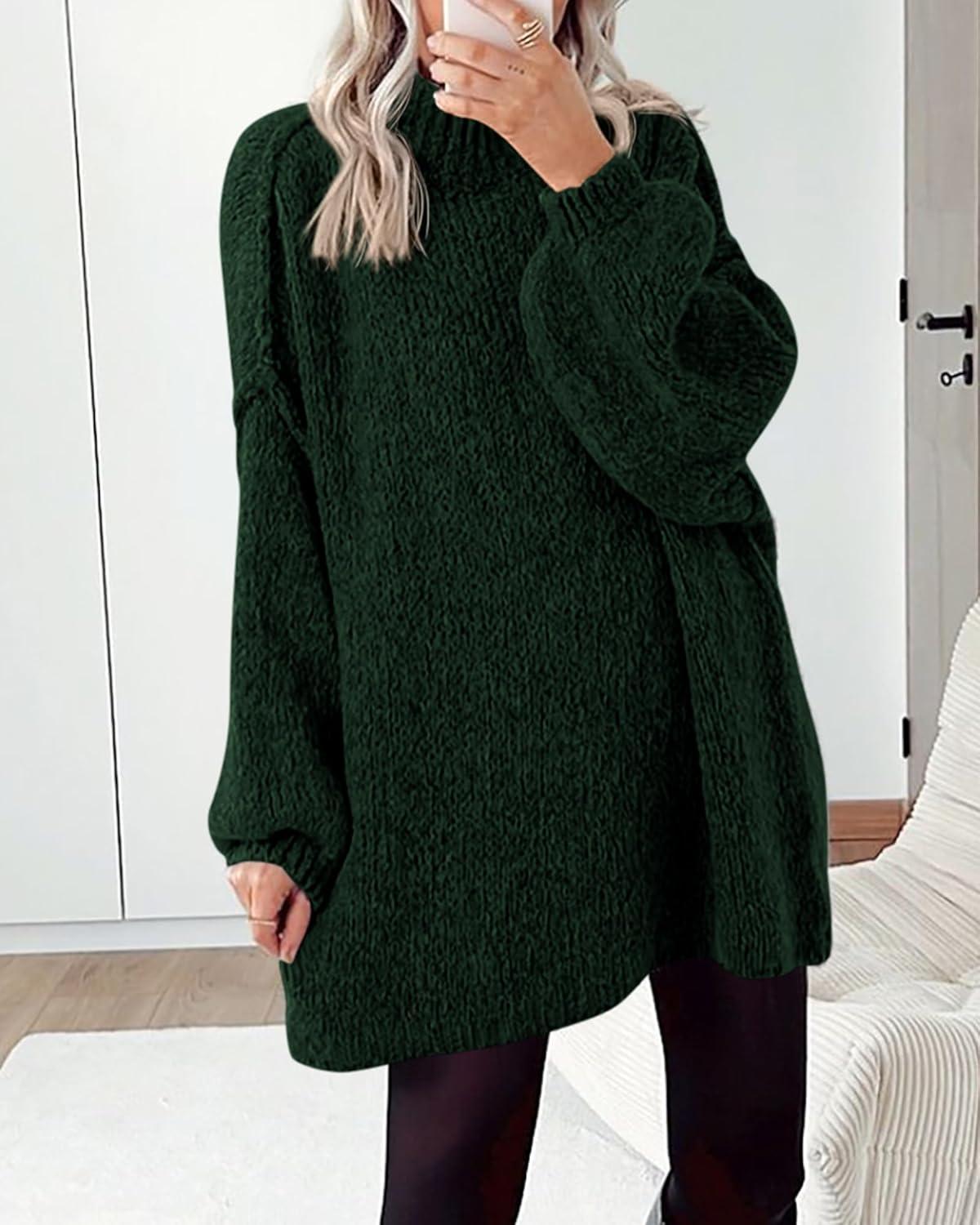 imageBTFBM Sweaters for Women Fall 2026 Long Sleeve Mock Neck Cable Knit Oversized Sweater Pullover Tops Thick Winter ClothesDark Green