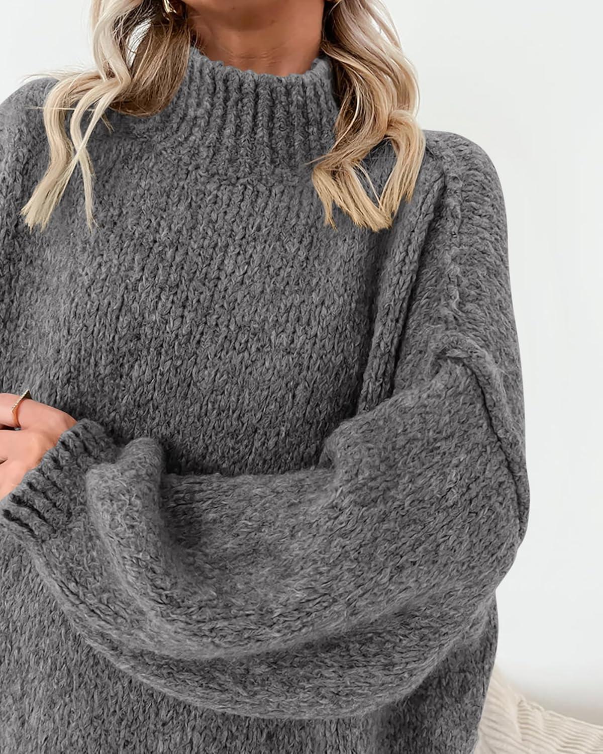 imageBTFBM Sweaters for Women Fall 2026 Long Sleeve Mock Neck Cable Knit Oversized Sweater Pullover Tops Thick Winter ClothesGrey