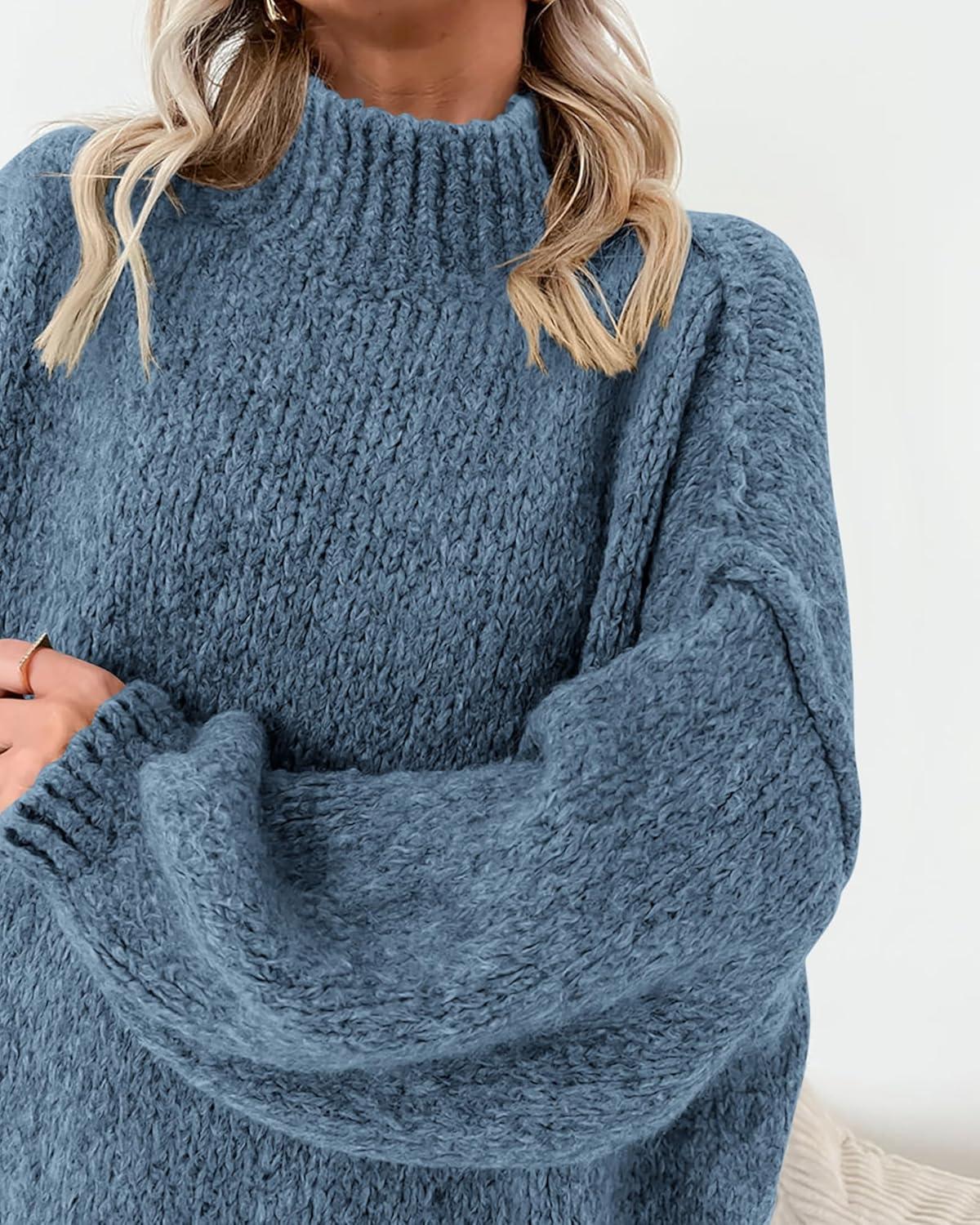 imageBTFBM Sweaters for Women Fall 2026 Long Sleeve Mock Neck Cable Knit Oversized Sweater Pullover Tops Thick Winter ClothesGrey Blue