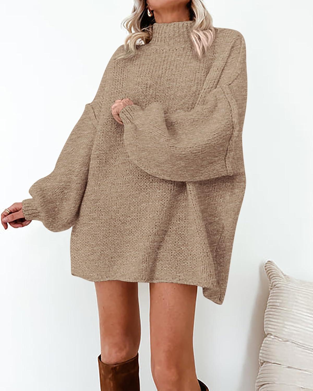 imageBTFBM Sweaters for Women Fall 2026 Long Sleeve Mock Neck Cable Knit Oversized Sweater Pullover Tops Thick Winter ClothesKhaki