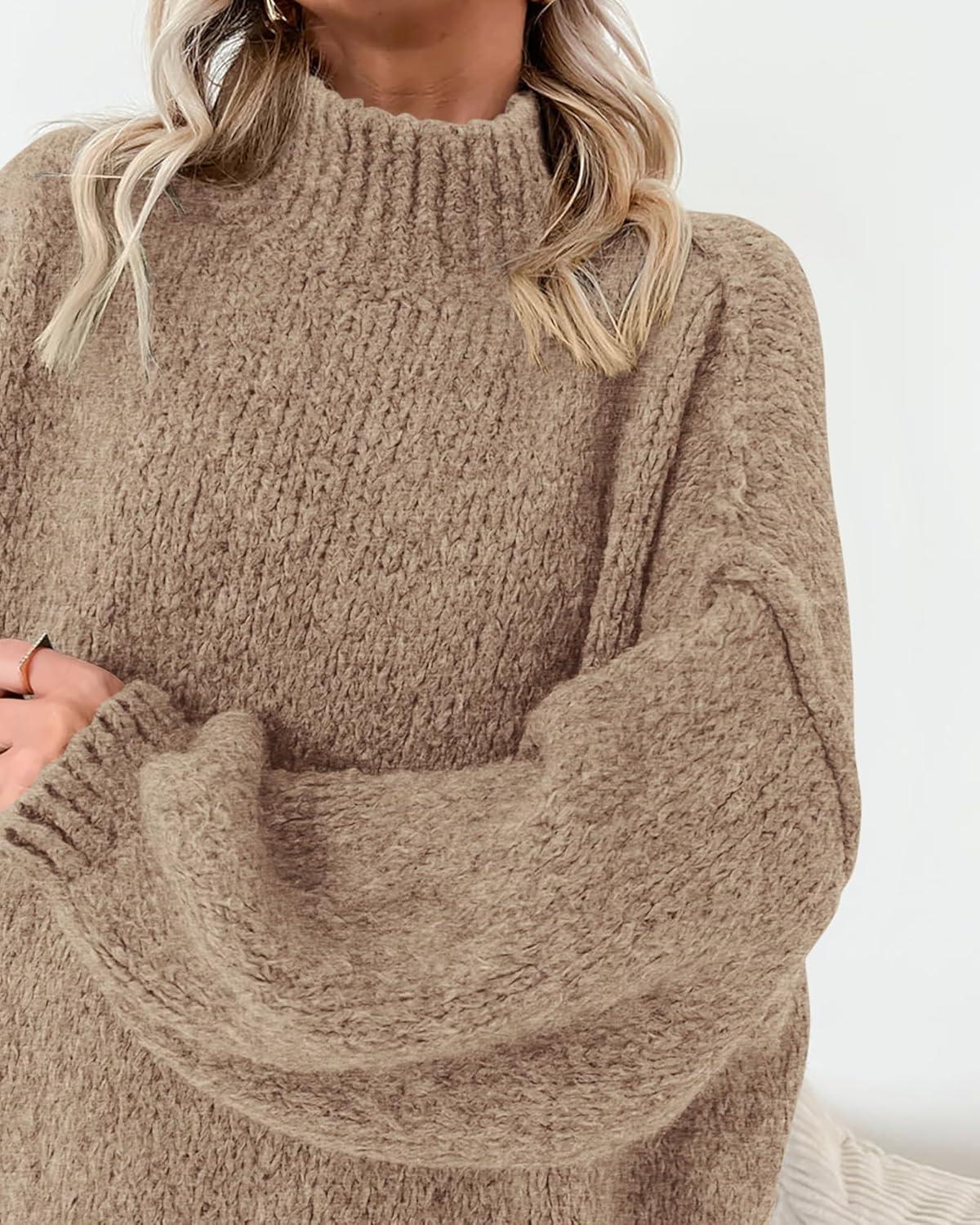 imageBTFBM Sweaters for Women Fall 2026 Long Sleeve Mock Neck Cable Knit Oversized Sweater Pullover Tops Thick Winter ClothesKhaki