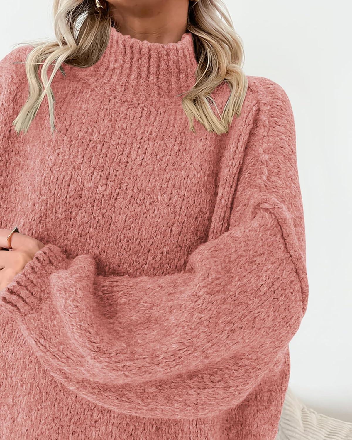 imageBTFBM Sweaters for Women Fall 2026 Long Sleeve Mock Neck Cable Knit Oversized Sweater Pullover Tops Thick Winter ClothesPink