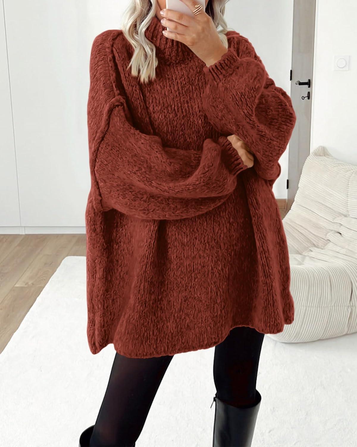 imageBTFBM Sweaters for Women Fall 2026 Long Sleeve Mock Neck Cable Knit Oversized Sweater Pullover Tops Thick Winter ClothesRust Red