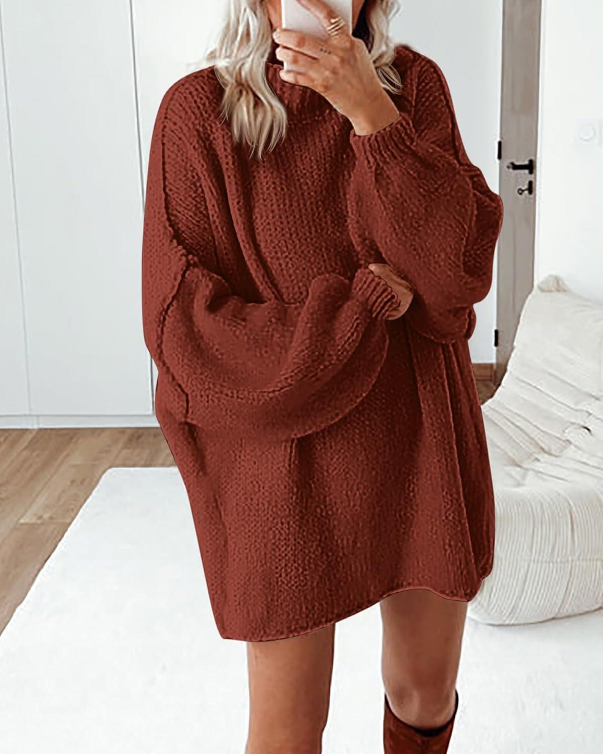 imageBTFBM Sweaters for Women Fall 2026 Long Sleeve Mock Neck Cable Knit Oversized Sweater Pullover Tops Thick Winter ClothesRust Red