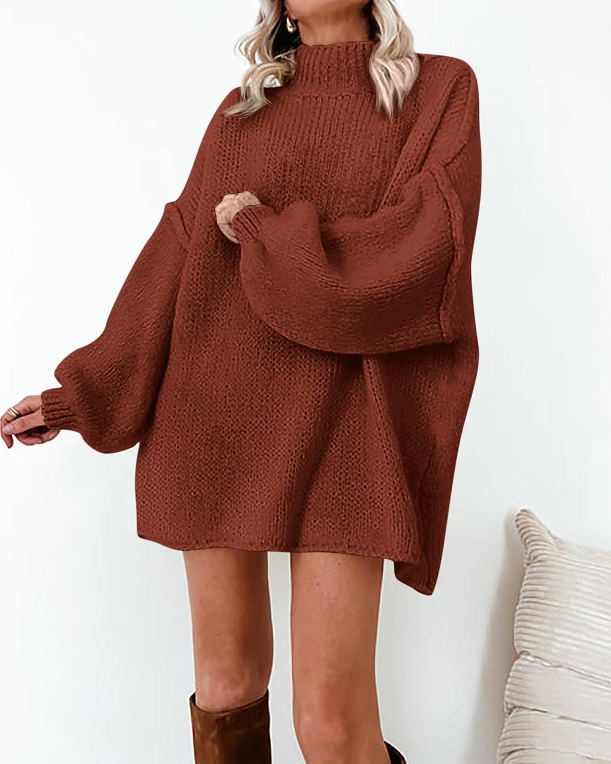 imageBTFBM Sweaters for Women Fall 2026 Long Sleeve Mock Neck Cable Knit Oversized Sweater Pullover Tops Thick Winter ClothesRust Red