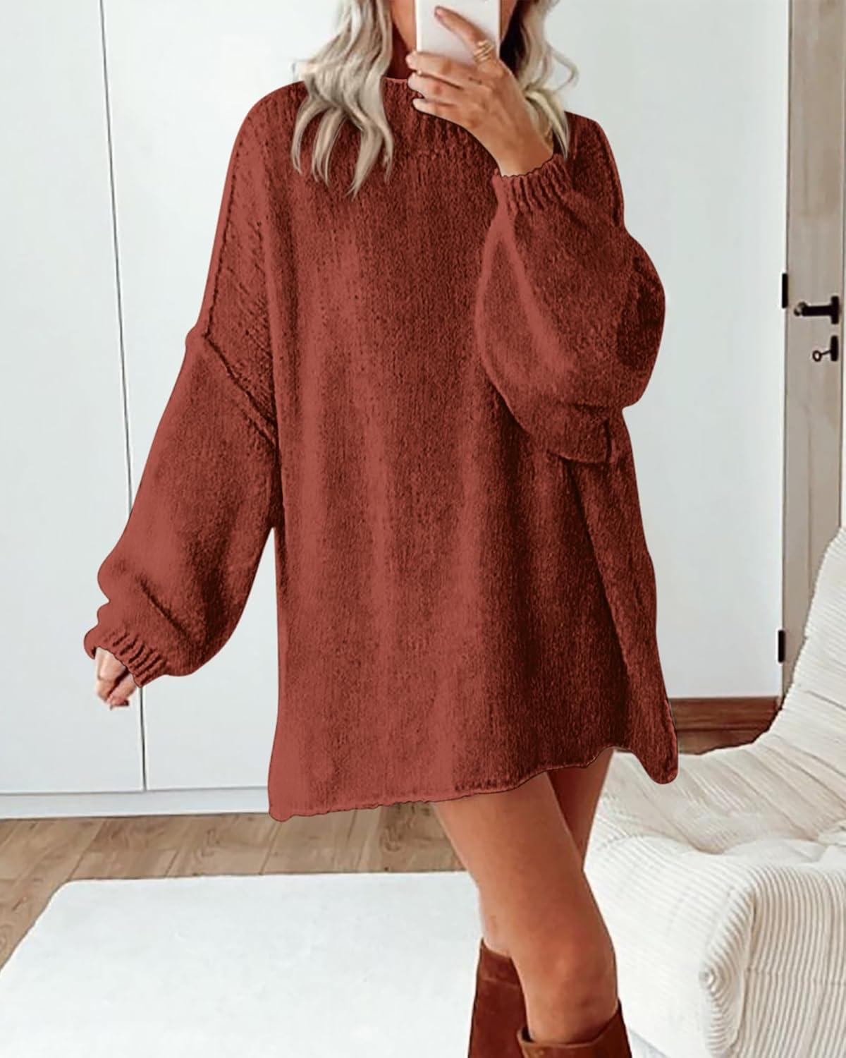 imageBTFBM Sweaters for Women Fall 2026 Long Sleeve Mock Neck Cable Knit Oversized Sweater Pullover Tops Thick Winter ClothesRust Red