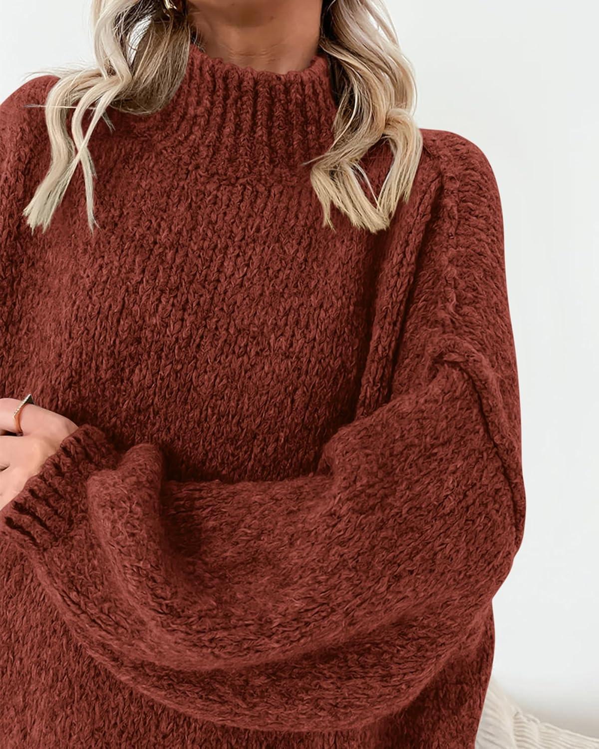 imageBTFBM Sweaters for Women Fall 2026 Long Sleeve Mock Neck Cable Knit Oversized Sweater Pullover Tops Thick Winter ClothesRust Red