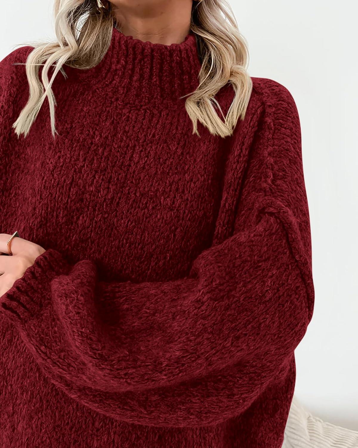 imageBTFBM Sweaters for Women Fall 2026 Long Sleeve Mock Neck Cable Knit Oversized Sweater Pullover Tops Thick Winter ClothesWine Red