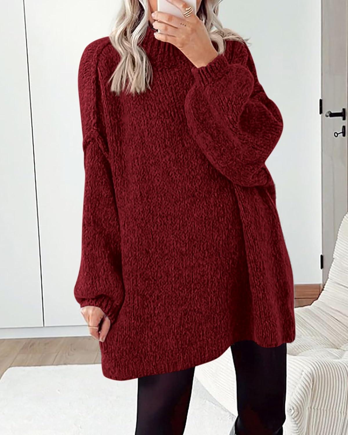 imageBTFBM Sweaters for Women Fall 2026 Long Sleeve Mock Neck Cable Knit Oversized Sweater Pullover Tops Thick Winter ClothesWine Red