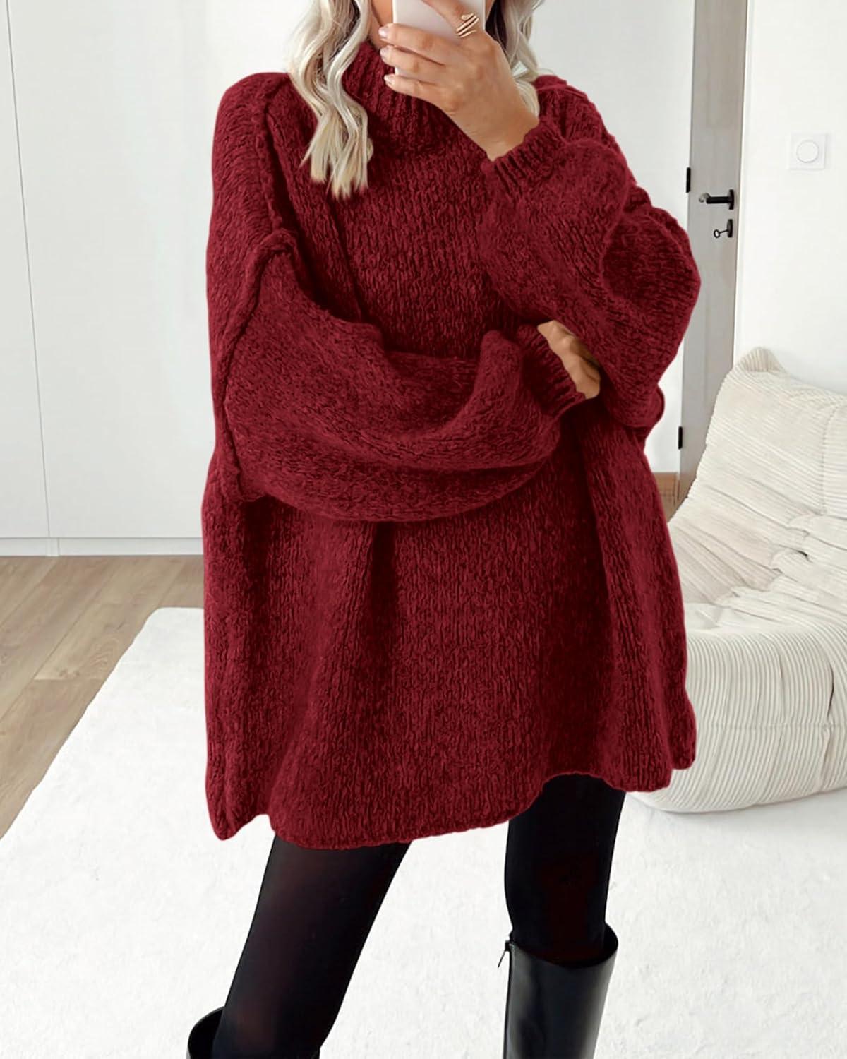 imageBTFBM Sweaters for Women Fall 2026 Long Sleeve Mock Neck Cable Knit Oversized Sweater Pullover Tops Thick Winter ClothesWine Red