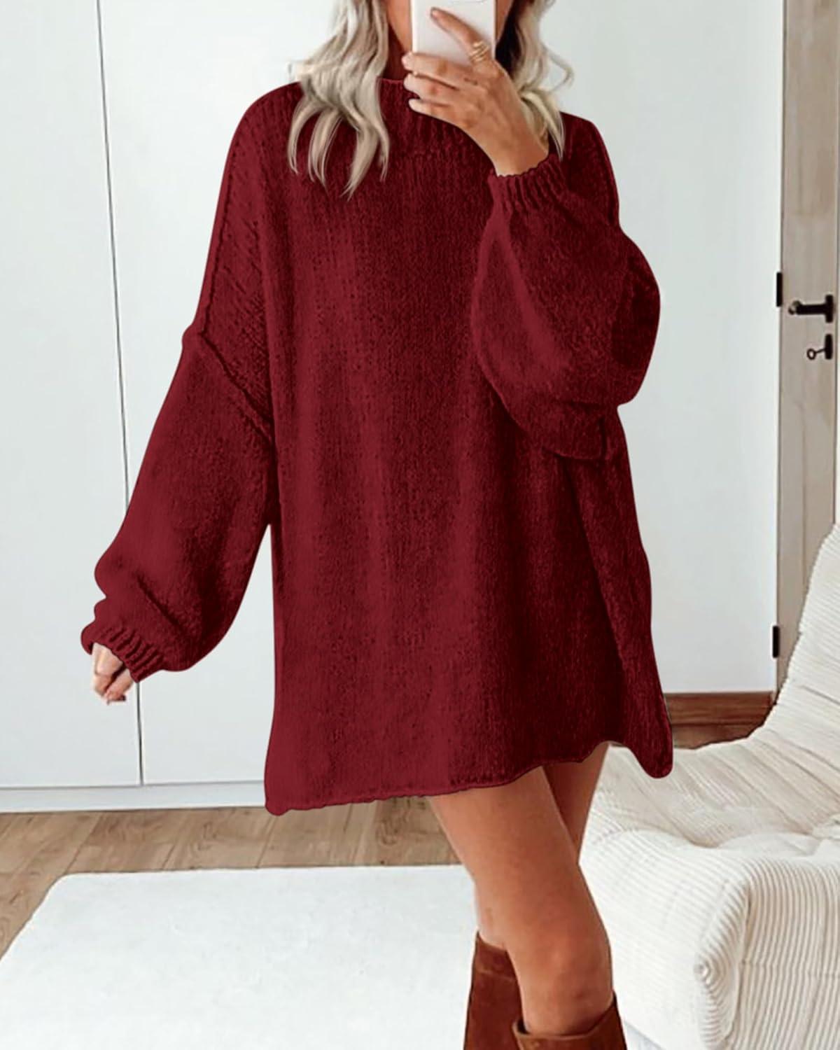 imageBTFBM Sweaters for Women Fall 2026 Long Sleeve Mock Neck Cable Knit Oversized Sweater Pullover Tops Thick Winter ClothesWine Red
