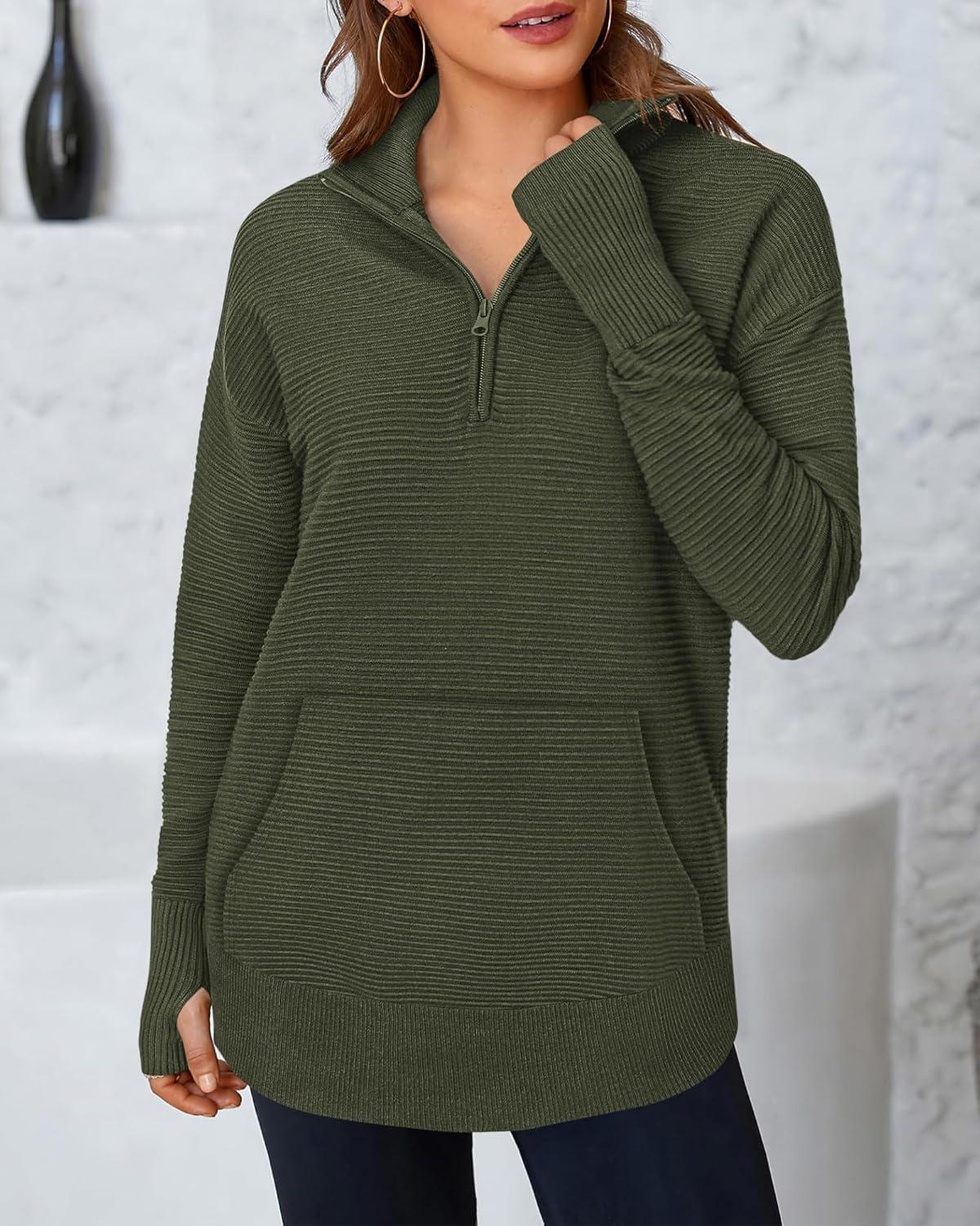 imageBTFBM Sweaters for Women Fall Clothes 2025 Pocket Quarter Zip Pullover V Neck Long Sleeve Knit Trendy Winter SweaterArmy Green