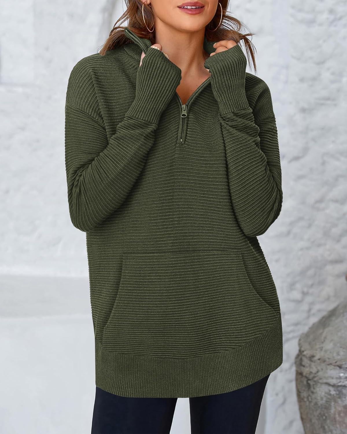 imageBTFBM Sweaters for Women Fall Clothes 2025 Pocket Quarter Zip Pullover V Neck Long Sleeve Knit Trendy Winter SweaterArmy Green