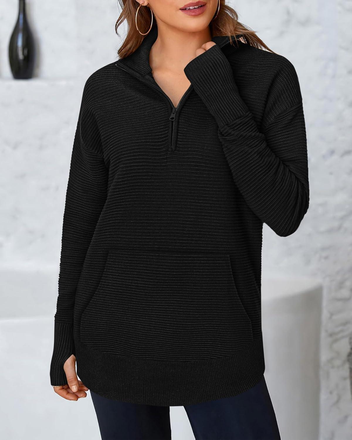 imageBTFBM Sweaters for Women Fall Clothes 2025 Pocket Quarter Zip Pullover V Neck Long Sleeve Knit Trendy Winter SweaterBlack