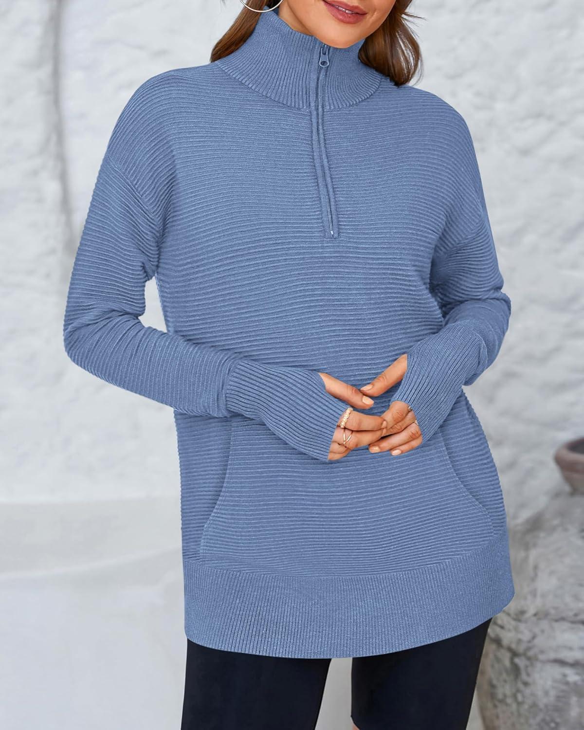 imageBTFBM Sweaters for Women Fall Clothes 2025 Pocket Quarter Zip Pullover V Neck Long Sleeve Knit Trendy Winter SweaterBlue