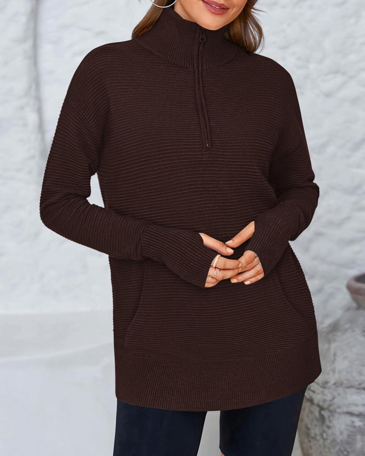 imageBTFBM Sweaters for Women Fall Clothes 2025 Pocket Quarter Zip Pullover V Neck Long Sleeve Knit Trendy Winter SweaterDark Brown