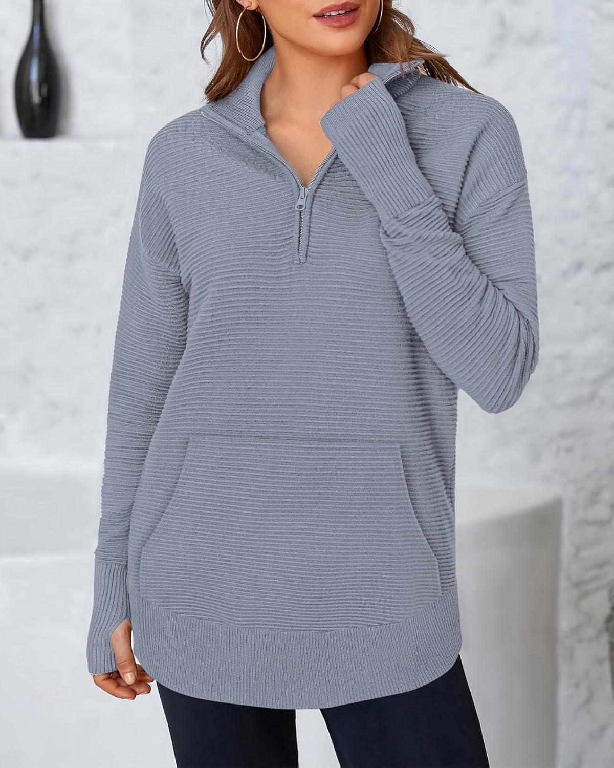 imageBTFBM Sweaters for Women Fall Clothes 2025 Pocket Quarter Zip Pullover V Neck Long Sleeve Knit Trendy Winter SweaterGrey