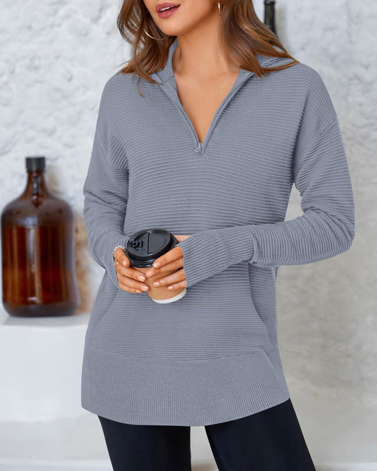 imageBTFBM Sweaters for Women Fall Clothes 2025 Pocket Quarter Zip Pullover V Neck Long Sleeve Knit Trendy Winter SweaterGrey