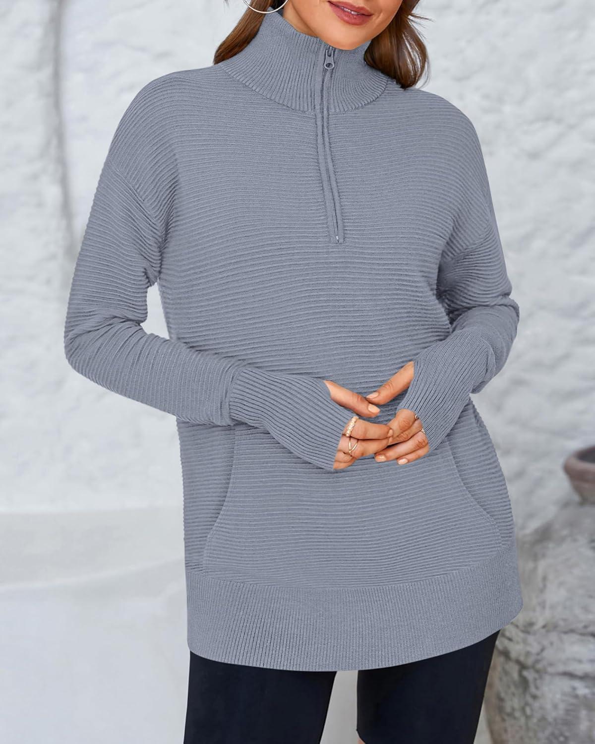 imageBTFBM Sweaters for Women Fall Clothes 2025 Pocket Quarter Zip Pullover V Neck Long Sleeve Knit Trendy Winter SweaterGrey