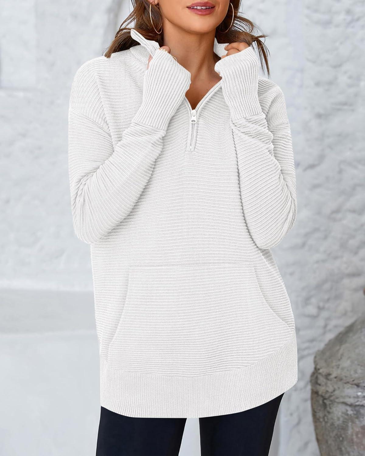 imageBTFBM Sweaters for Women Fall Clothes 2025 Pocket Quarter Zip Pullover V Neck Long Sleeve Knit Trendy Winter SweaterWhite