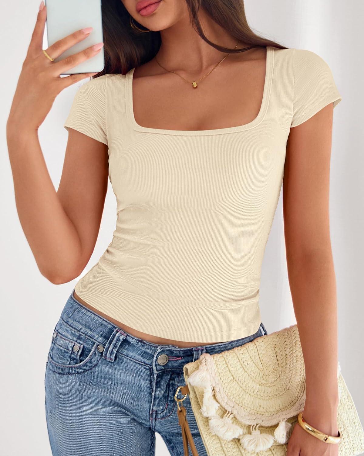 imageBTFBM T Shirts for Women Square Neck Tops 2026 Spring Trendy Fashion Going Out Workout Y2k Clothes Summer OutfitsBeige
