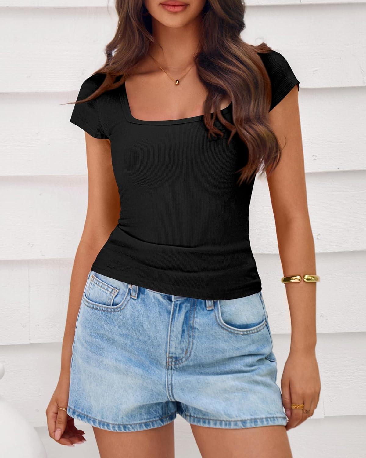 imageBTFBM T Shirts for Women Square Neck Tops 2026 Spring Trendy Fashion Going Out Workout Y2k Clothes Summer OutfitsBlack