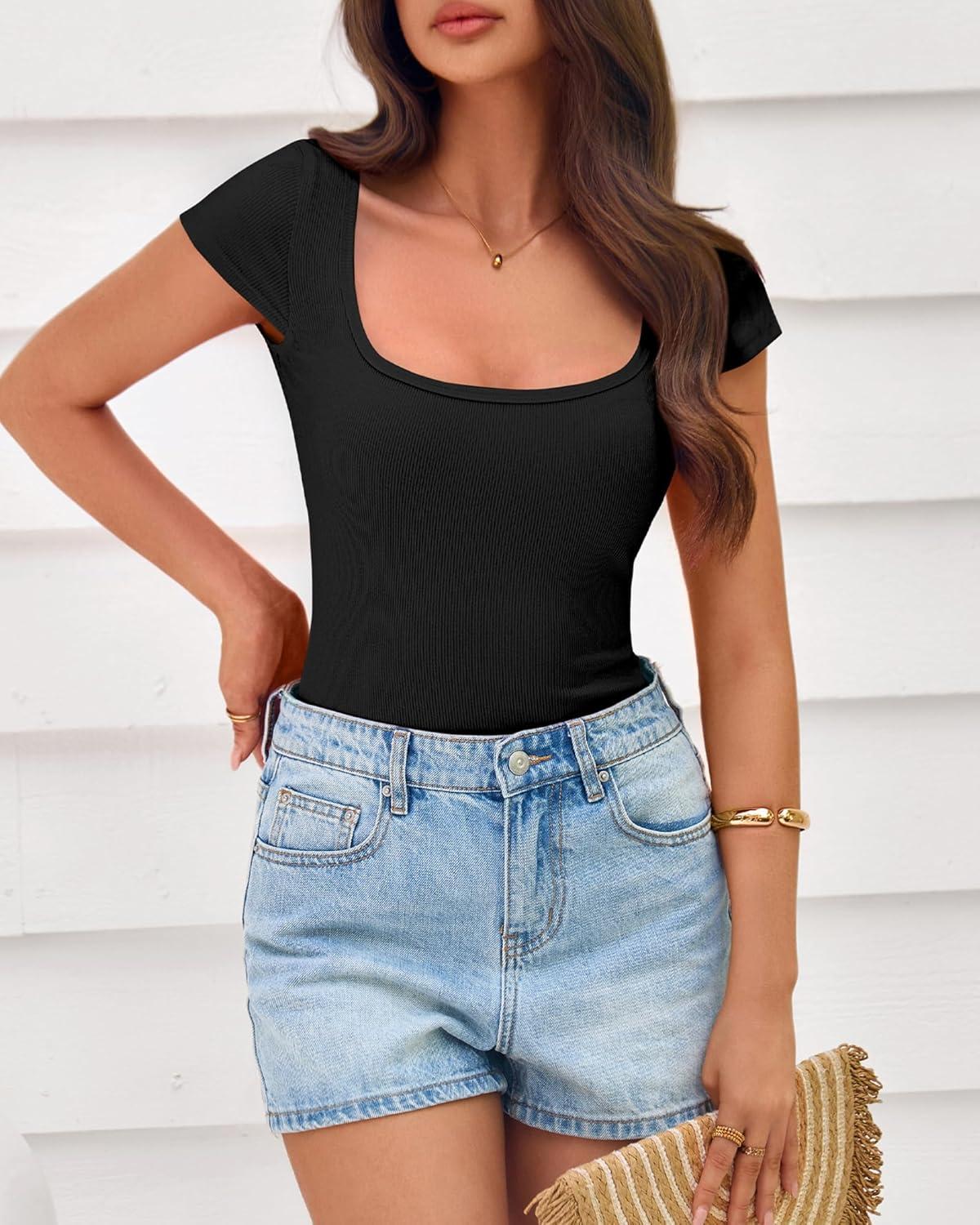 imageBTFBM T Shirts for Women Square Neck Tops 2026 Spring Trendy Fashion Going Out Workout Y2k Clothes Summer OutfitsBlack