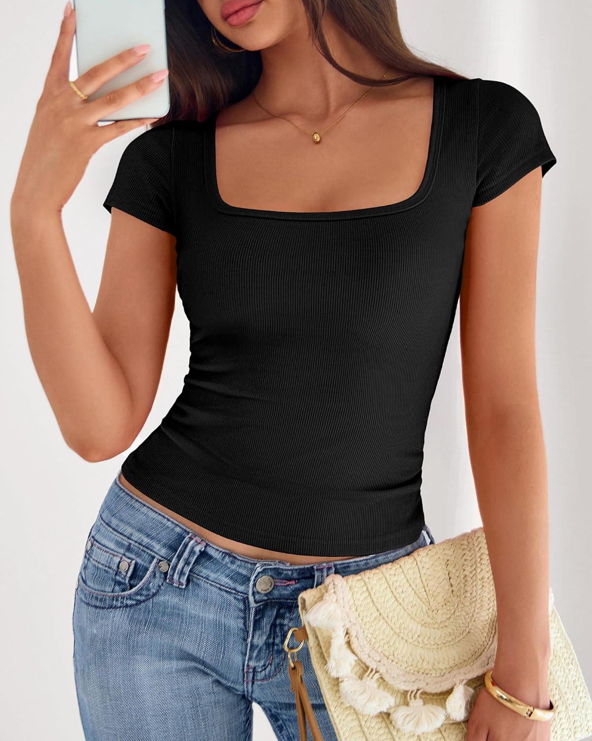 imageBTFBM T Shirts for Women Square Neck Tops 2026 Spring Trendy Fashion Going Out Workout Y2k Clothes Summer OutfitsBlack