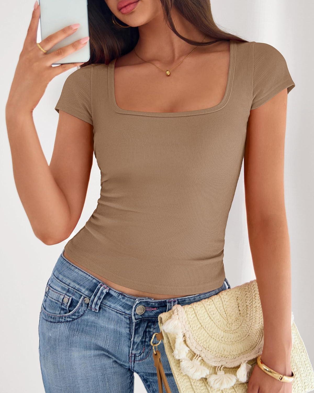imageBTFBM T Shirts for Women Square Neck Tops 2026 Spring Trendy Fashion Going Out Workout Y2k Clothes Summer OutfitsLight Khaki