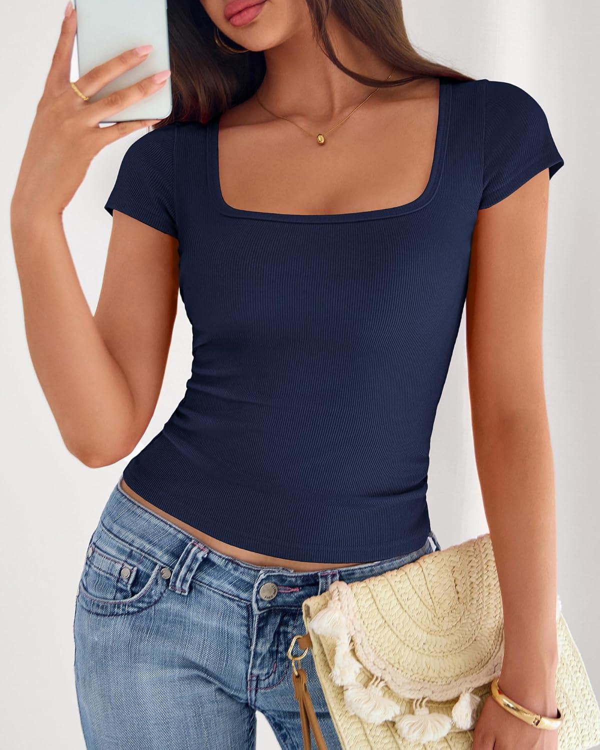 imageBTFBM T Shirts for Women Square Neck Tops 2026 Spring Trendy Fashion Going Out Workout Y2k Clothes Summer OutfitsNavy Blue