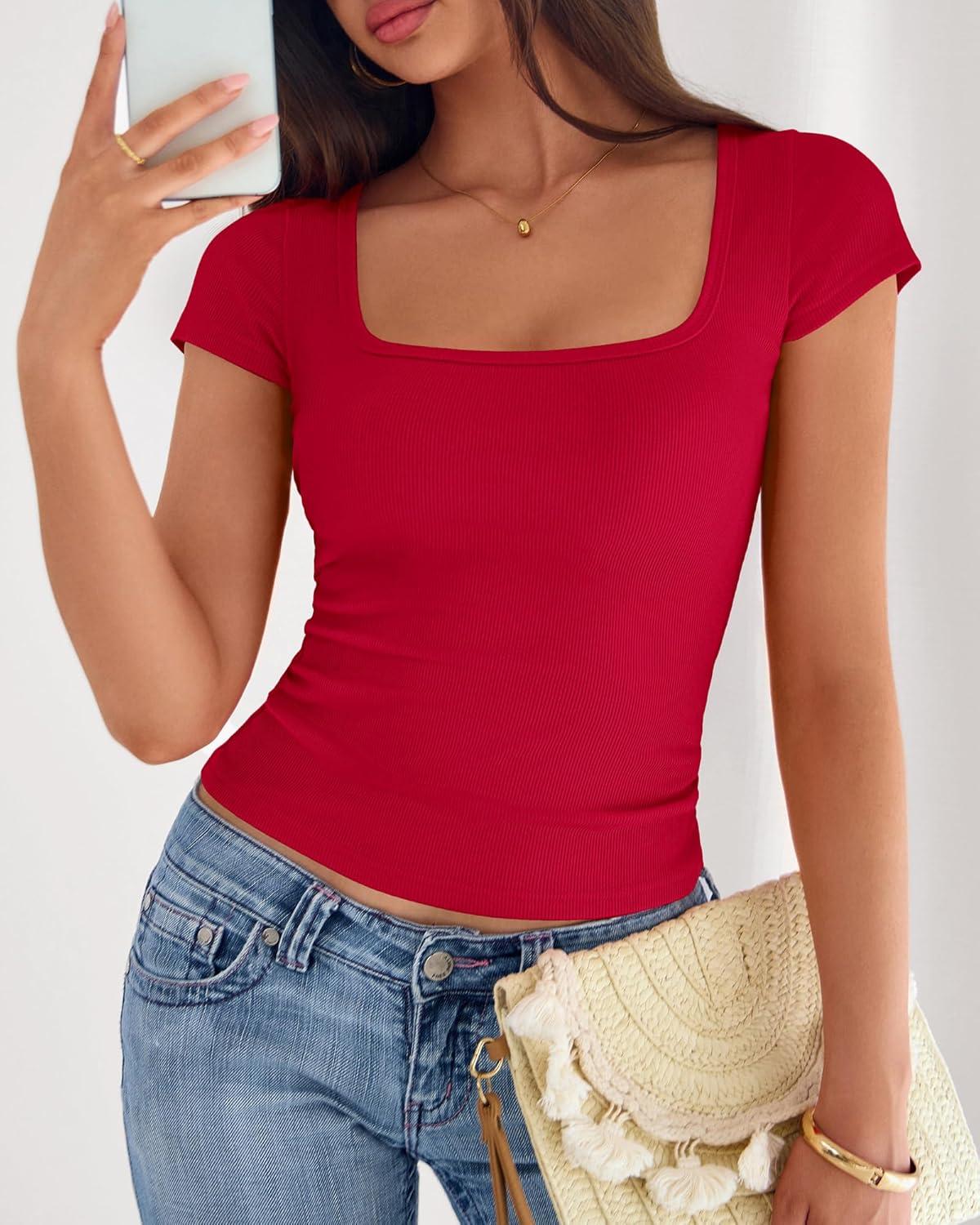 imageBTFBM T Shirts for Women Square Neck Tops 2026 Spring Trendy Fashion Going Out Workout Y2k Clothes Summer OutfitsRed