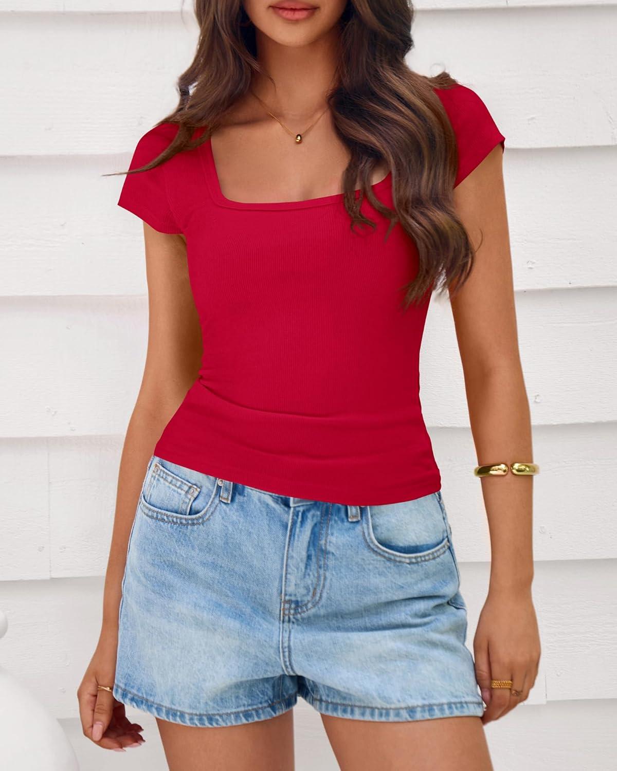 imageBTFBM T Shirts for Women Square Neck Tops 2026 Spring Trendy Fashion Going Out Workout Y2k Clothes Summer OutfitsRed