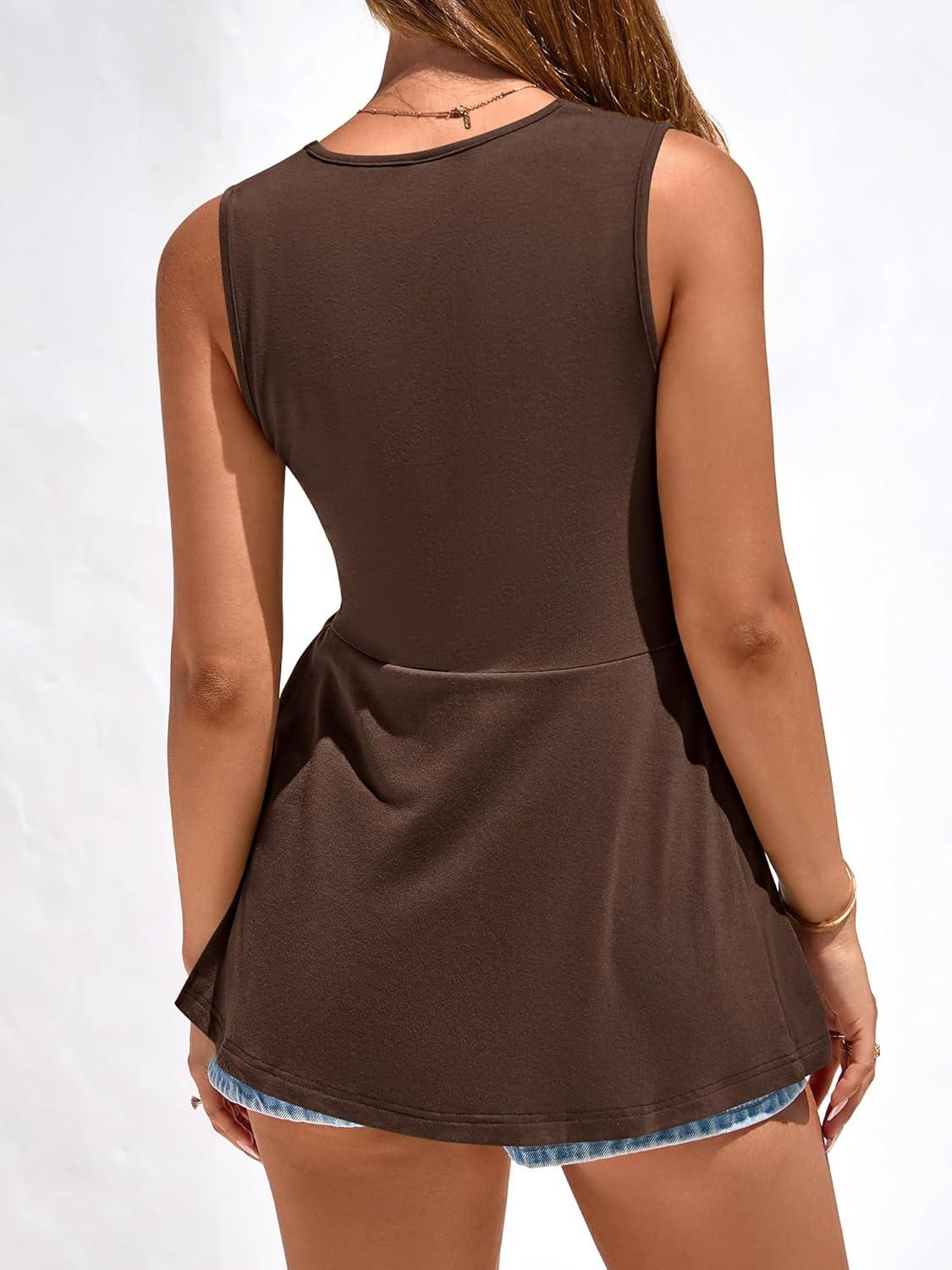 imageBTFBM Tank Top for Women 2026 Spring Summer Tops Babydoll Twist Front V Neck Sleeveless Flowy Dressy Casual BlousesBrown