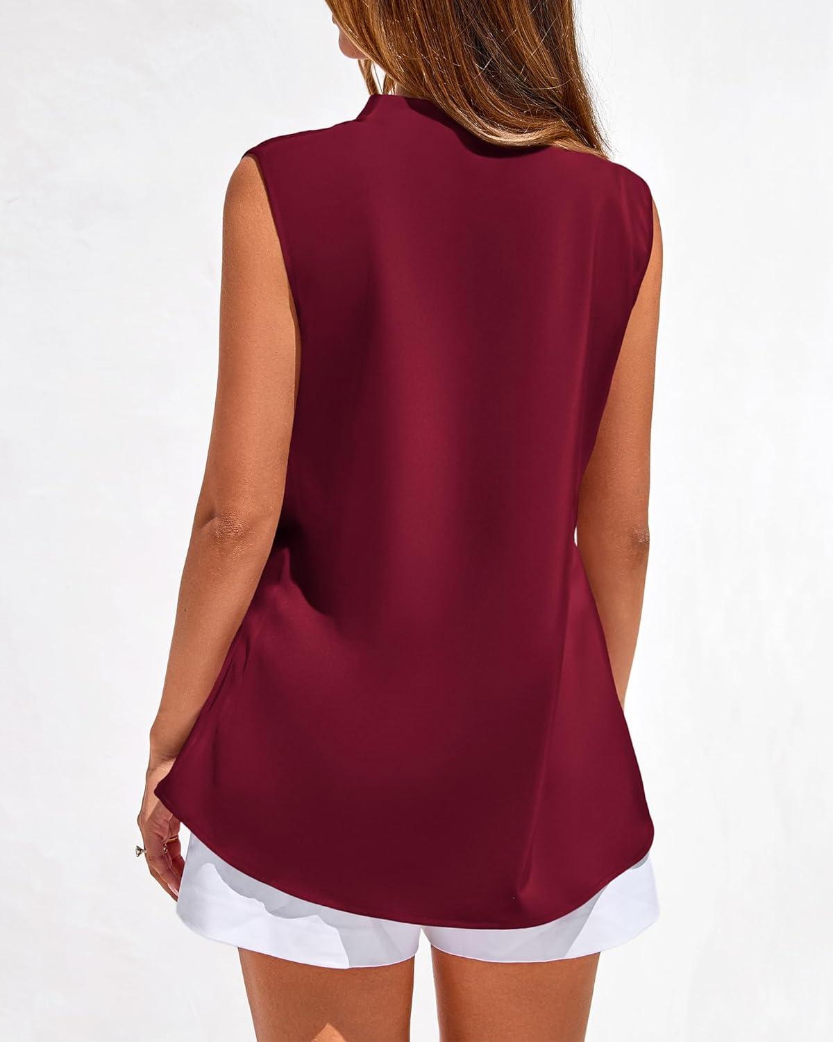 imageBTFBM Tank Top for Women 2026 Summer Satin V Neck Pleated Sleeveless Blouses Dressy Casual Work Business Casual OutfitsBurgundy