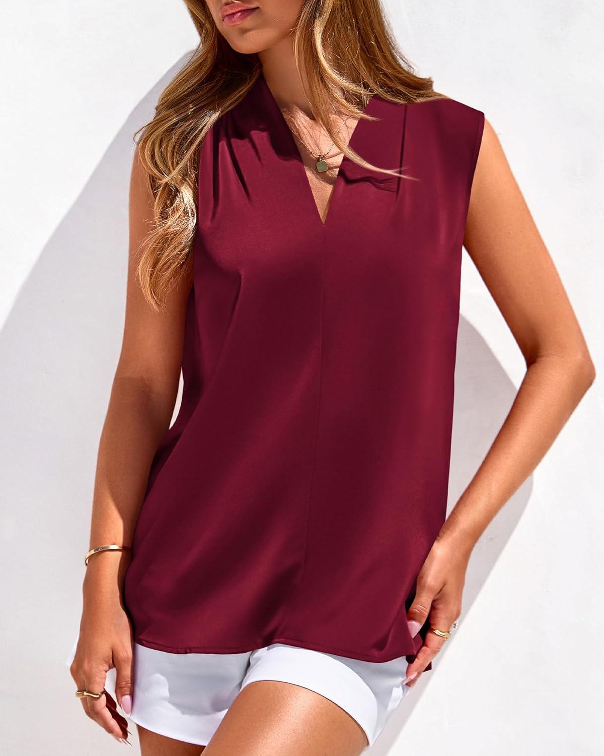 imageBTFBM Tank Top for Women 2026 Summer Satin V Neck Pleated Sleeveless Blouses Dressy Casual Work Business Casual OutfitsBurgundy