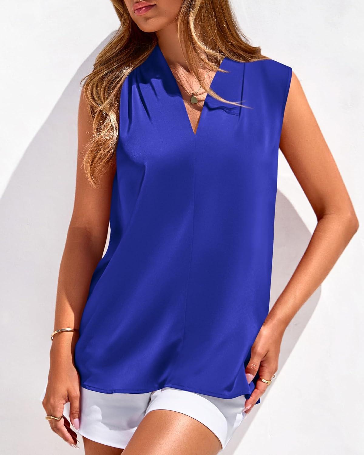imageBTFBM Tank Top for Women 2026 Summer Satin V Neck Pleated Sleeveless Blouses Dressy Casual Work Business Casual OutfitsRoyal Blue