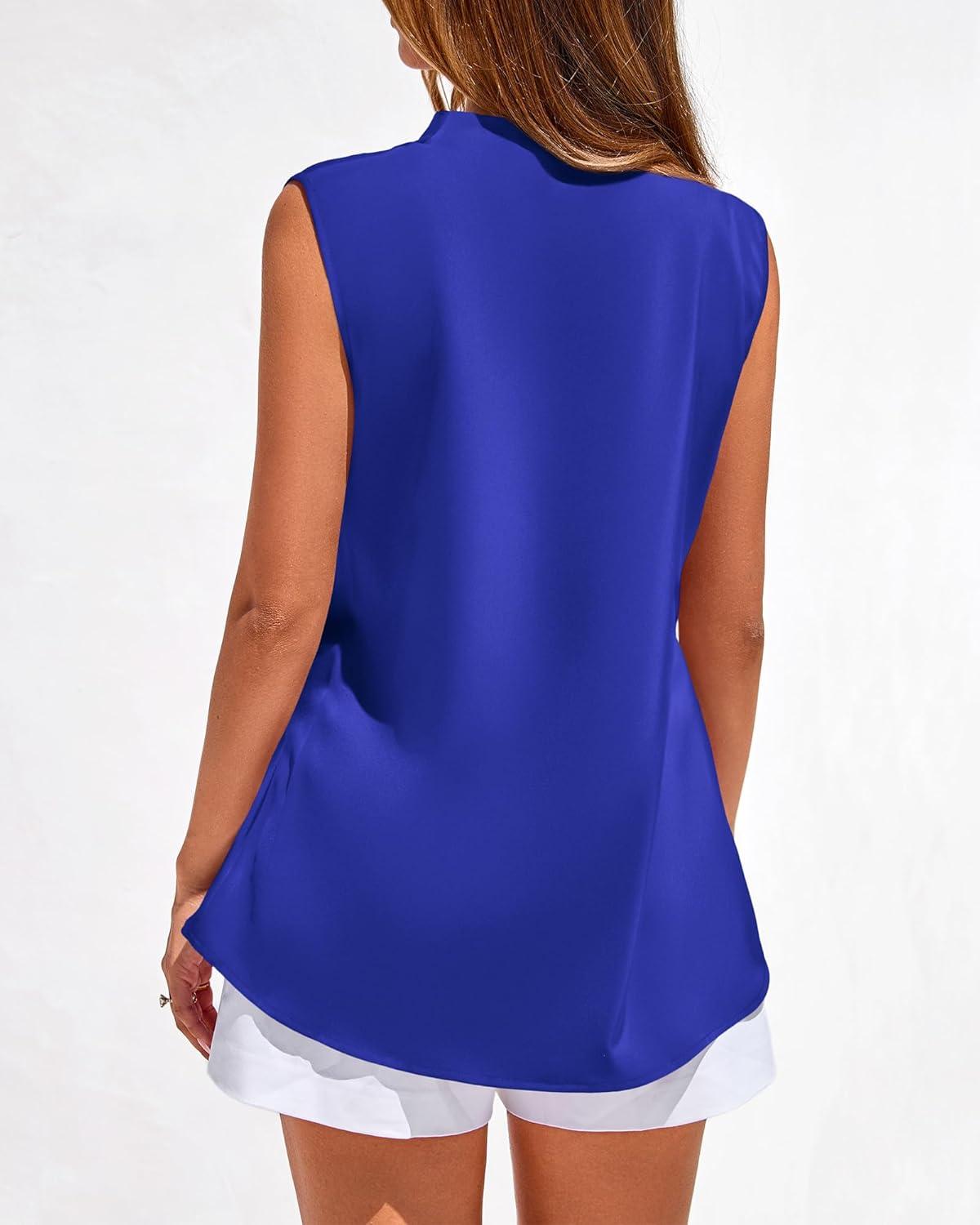imageBTFBM Tank Top for Women 2026 Summer Satin V Neck Pleated Sleeveless Blouses Dressy Casual Work Business Casual OutfitsRoyal Blue