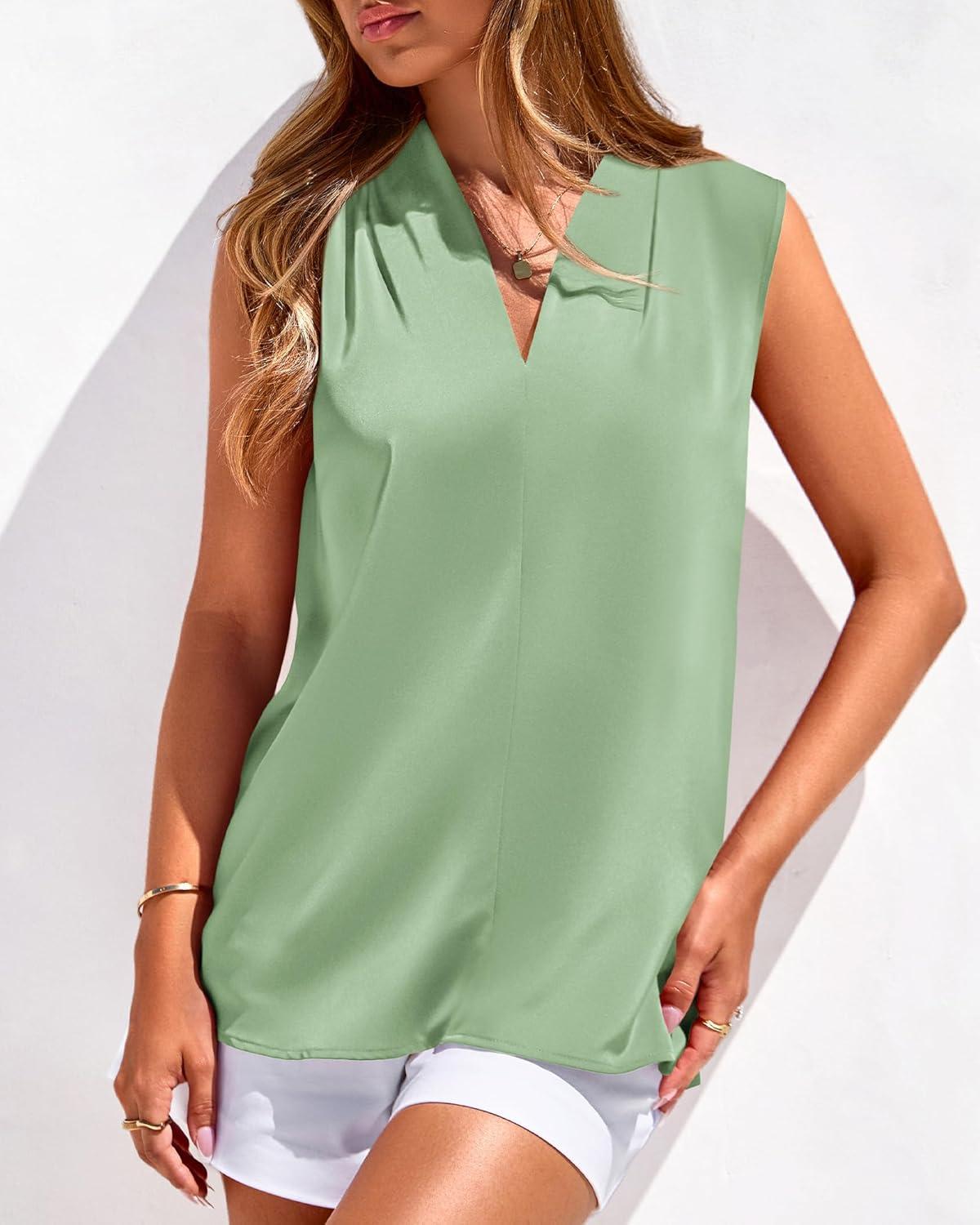 imageBTFBM Tank Top for Women 2026 Summer Satin V Neck Pleated Sleeveless Blouses Dressy Casual Work Business Casual OutfitsSage Green