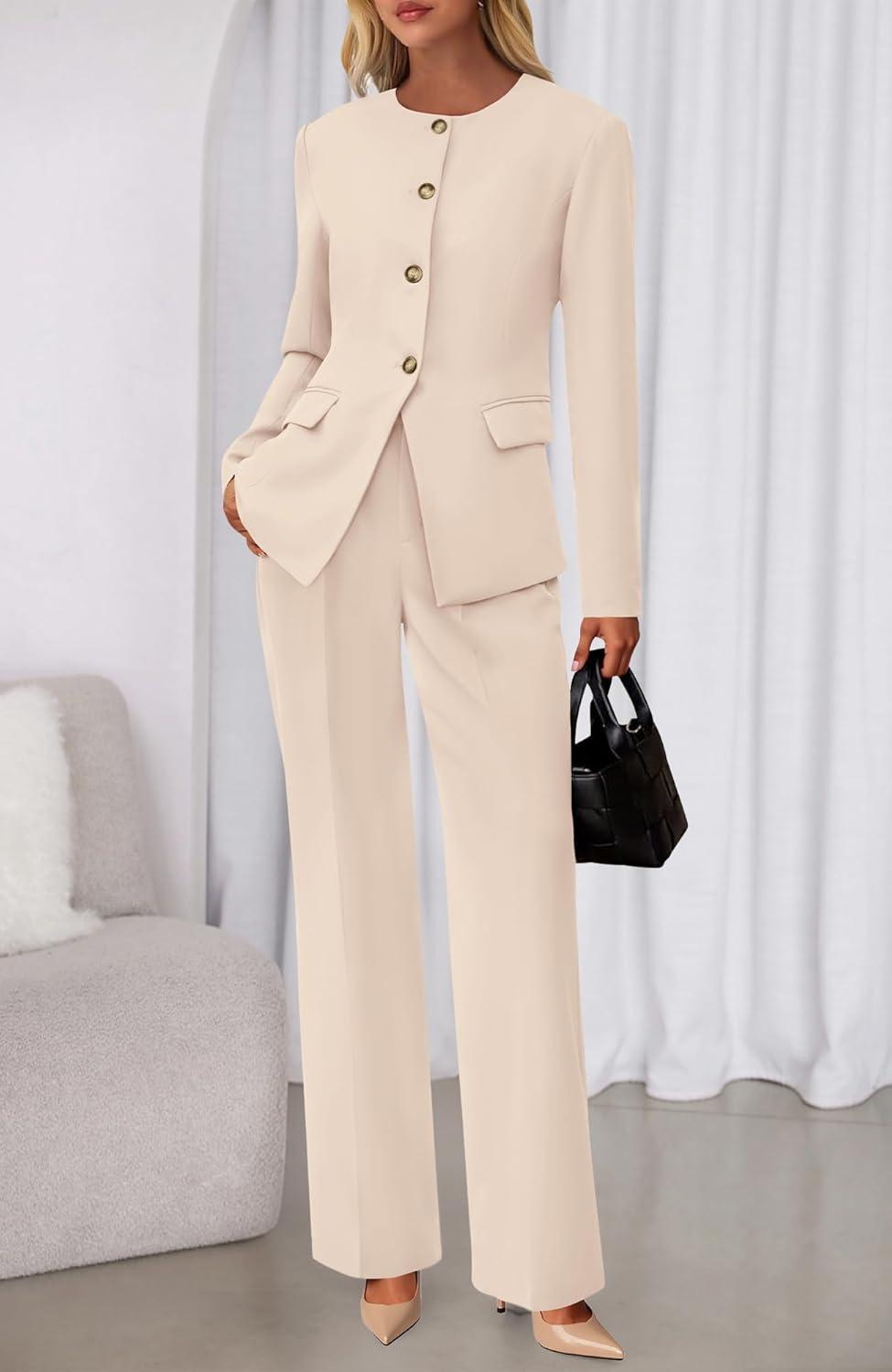 imageBTFBM Two Piece Set for Women Fall Fashion 2025 Business Casual Long Sleeve Blazer Jackets Wide Leg Pant Suits PocketsBeige