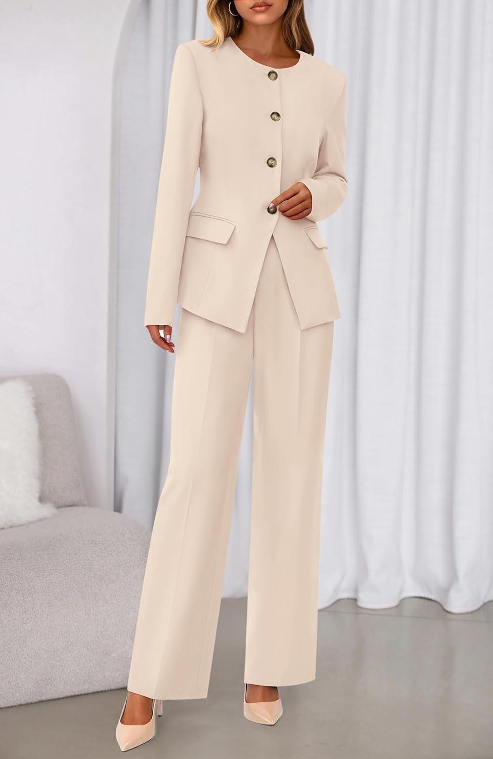 imageBTFBM Two Piece Set for Women Fall Fashion 2025 Business Casual Long Sleeve Blazer Jackets Wide Leg Pant Suits PocketsBeige