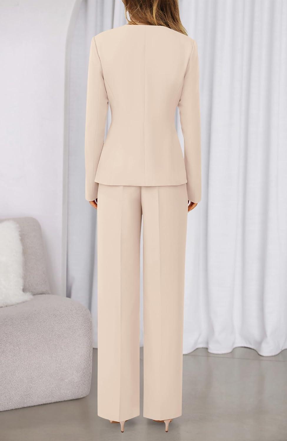 imageBTFBM Two Piece Set for Women Fall Fashion 2025 Business Casual Long Sleeve Blazer Jackets Wide Leg Pant Suits PocketsBeige