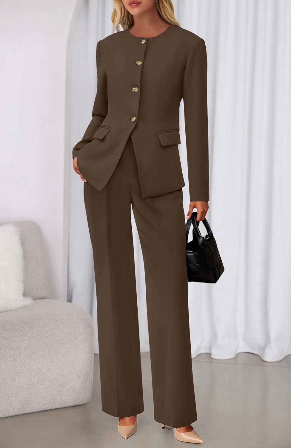 imageBTFBM Two Piece Set for Women Fall Fashion 2025 Business Casual Long Sleeve Blazer Jackets Wide Leg Pant Suits PocketsBrown