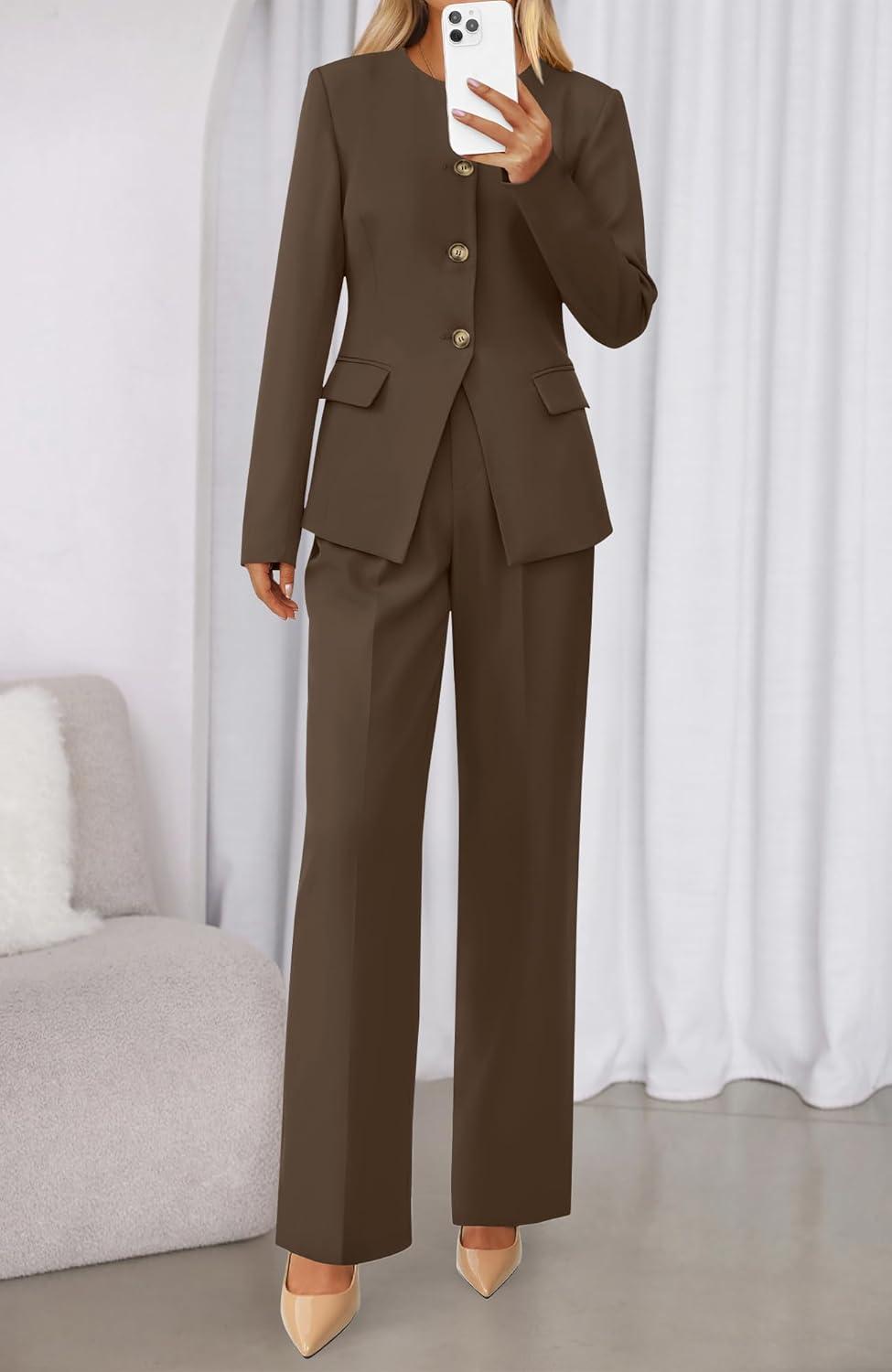 imageBTFBM Two Piece Set for Women Fall Fashion 2025 Business Casual Long Sleeve Blazer Jackets Wide Leg Pant Suits PocketsBrown