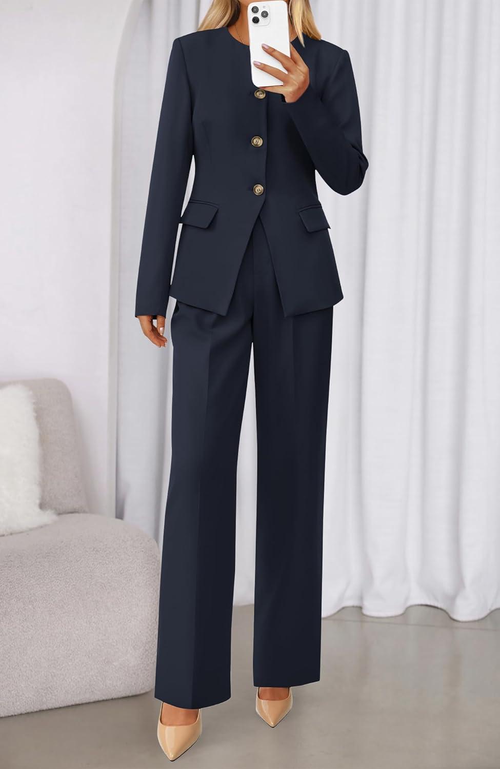 imageBTFBM Two Piece Set for Women Fall Fashion 2025 Business Casual Long Sleeve Blazer Jackets Wide Leg Pant Suits PocketsNavy Blue