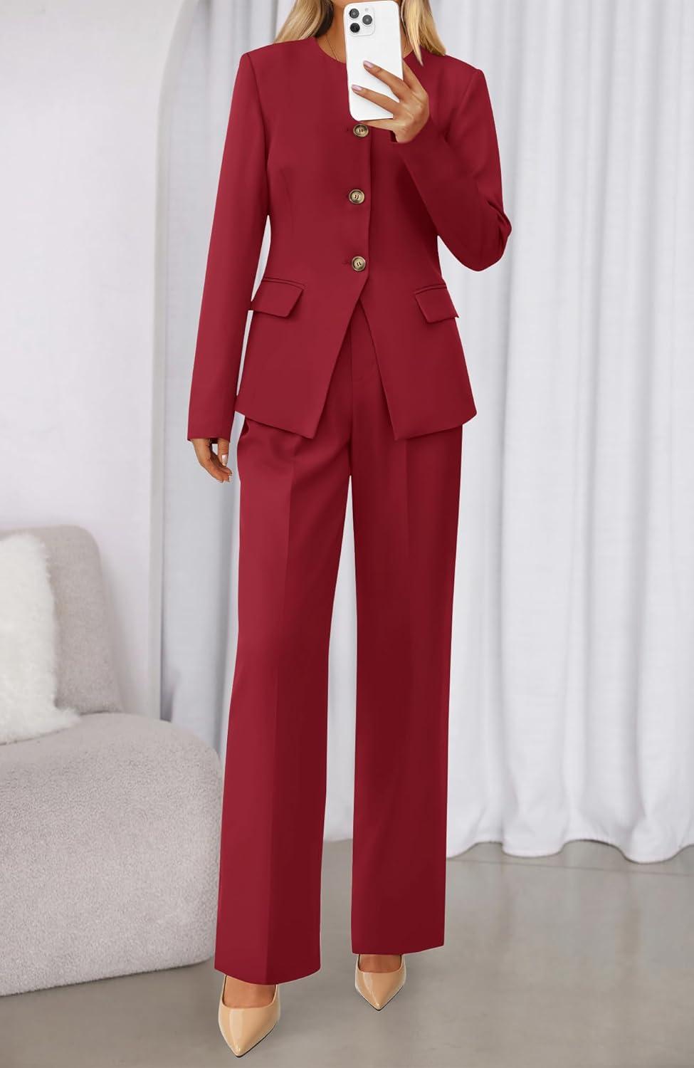 imageBTFBM Two Piece Set for Women Fall Fashion 2025 Business Casual Long Sleeve Blazer Jackets Wide Leg Pant Suits PocketsRed