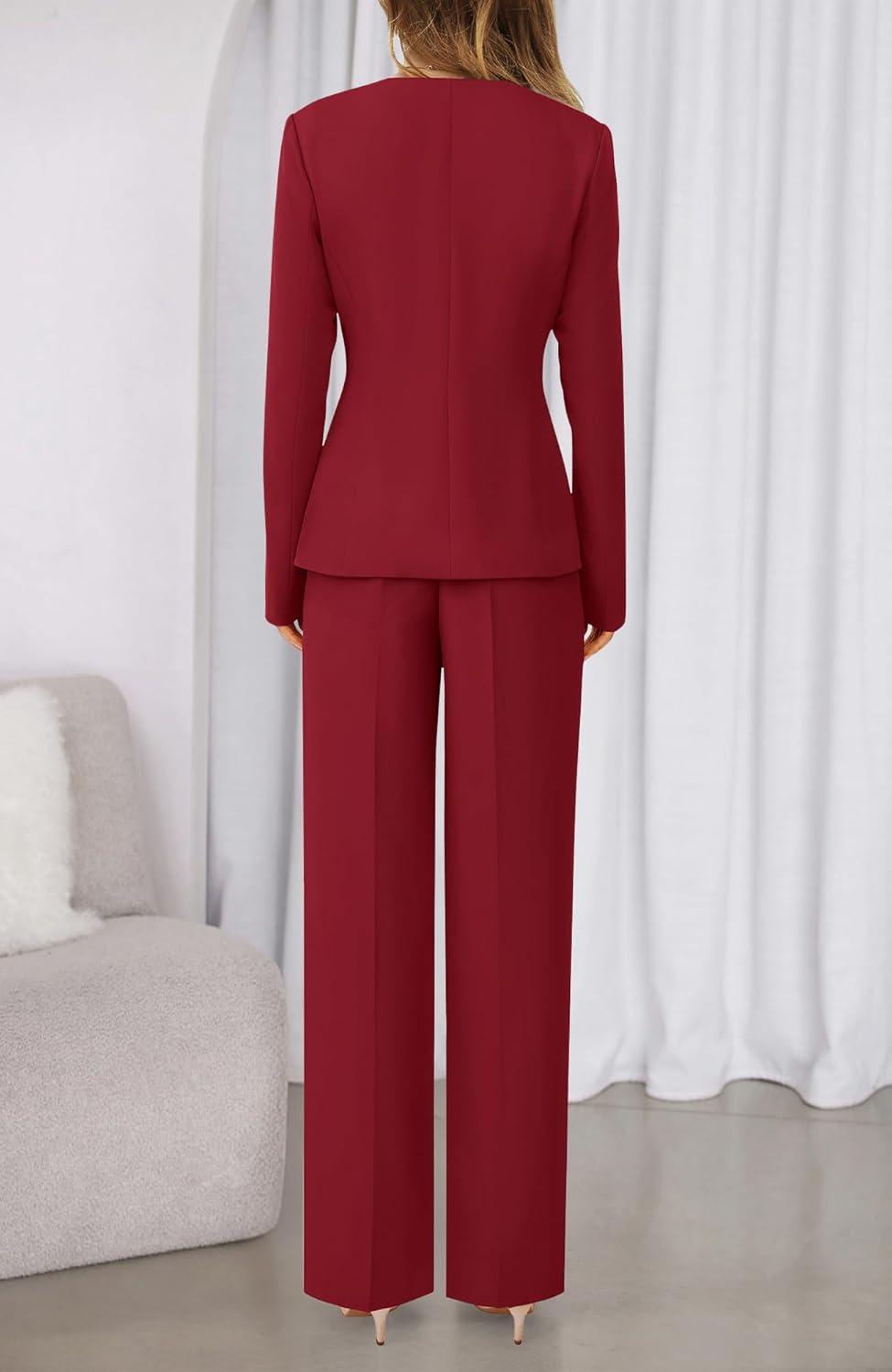 imageBTFBM Two Piece Set for Women Fall Fashion 2025 Business Casual Long Sleeve Blazer Jackets Wide Leg Pant Suits PocketsRed