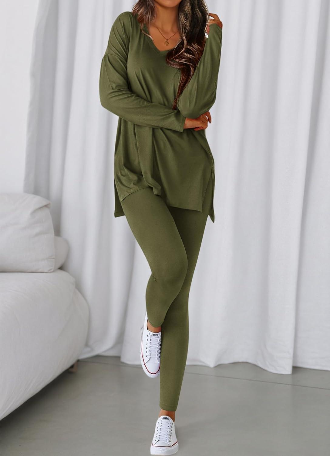 imageBTFBM Two Piece Sets for Women 2025 Casual Lounge Set Matching Oversized Shirts Leggings Workout Airport Travel OutfitsArmy Green