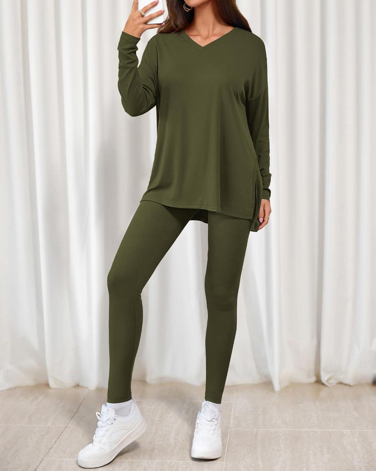 imageBTFBM Two Piece Sets for Women 2025 Casual Lounge Set Matching Oversized Shirts Leggings Workout Airport Travel OutfitsArmy Green