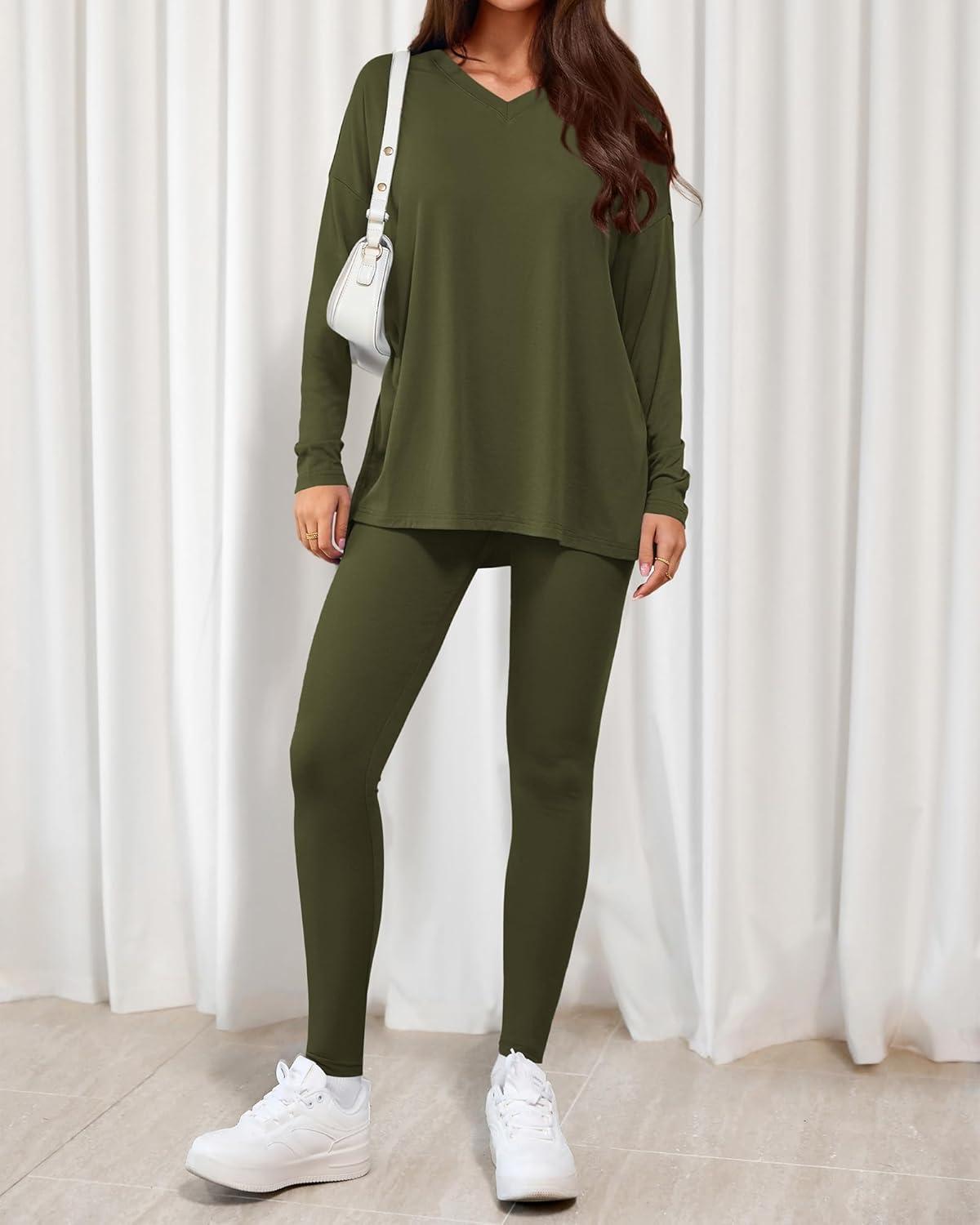 imageBTFBM Two Piece Sets for Women 2025 Casual Lounge Set Matching Oversized Shirts Leggings Workout Airport Travel OutfitsArmy Green
